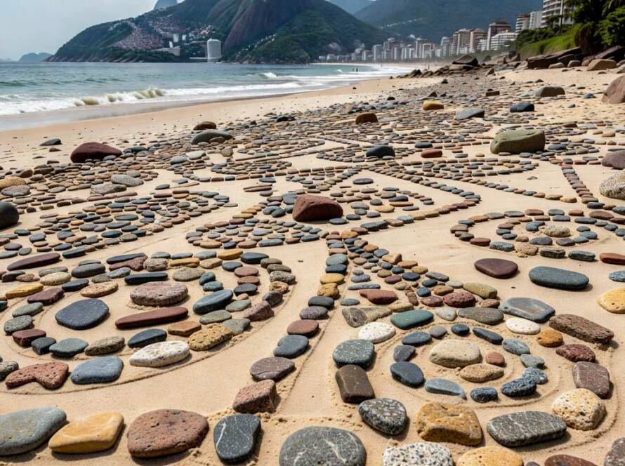 Pedras costeiras na praia de Copacabana transformadas em sistema gráfico inovador, inspirado no designer Wenbin Li.