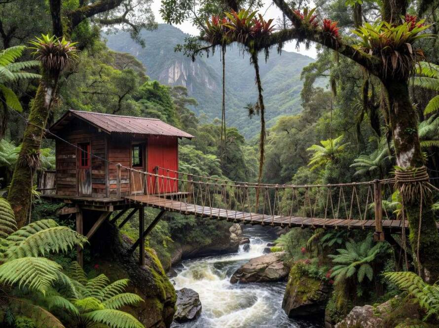 Cabine sustentável Red Bridge em ponte vermelha na floresta tropical brasileira, representando projeto ecológico.