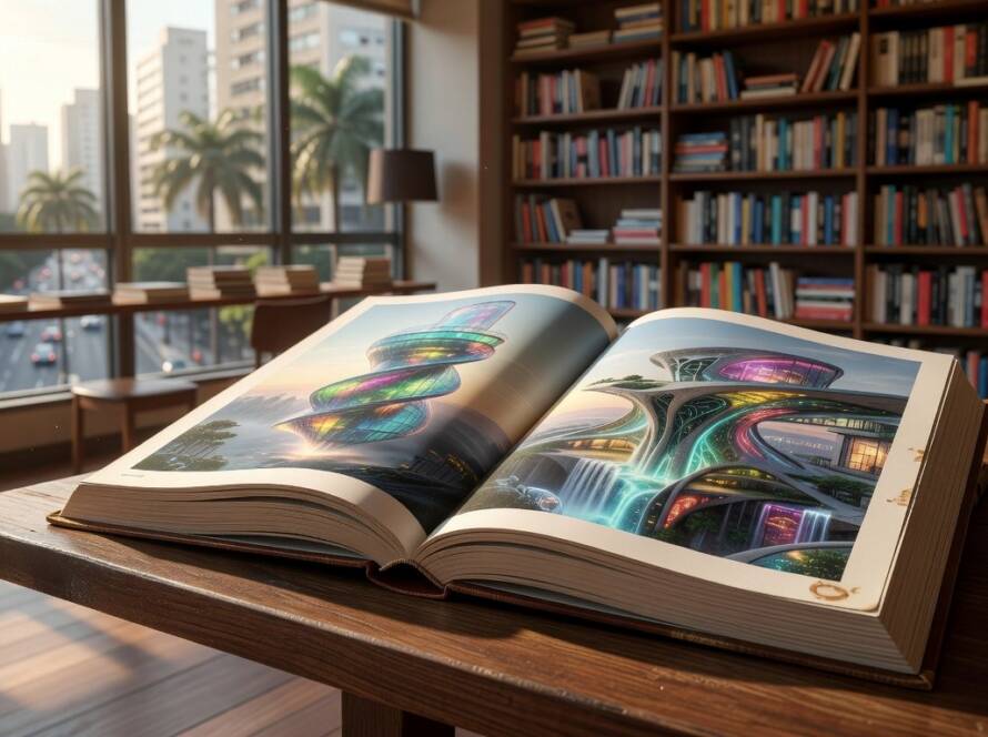 Livro da Gestalten sobre arquiteturas oníricas e renders digitais em livraria brasileira.