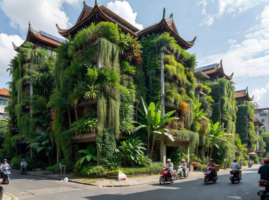 Fachadas de edifícios no Vietnã com jardins verticais sustentáveis, projeto Flying Vegetation.