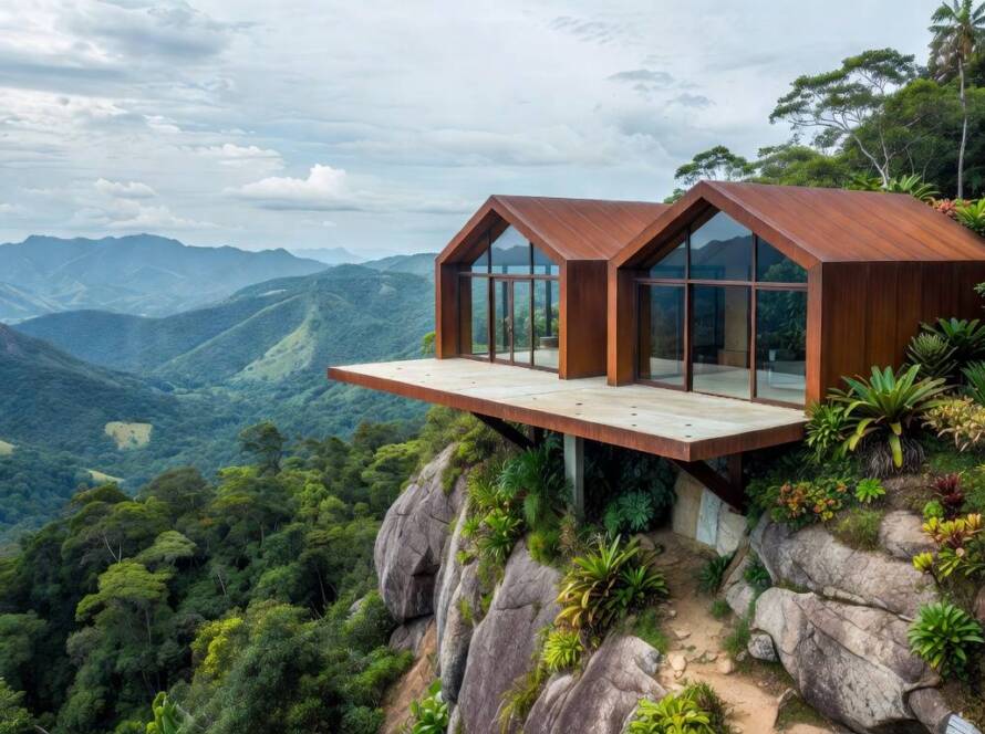 Pavilhões gêmeos de aço com vistas panorâmicas em plataforma transformada na Serra dos Órgãos, Brasil.