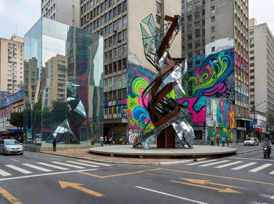 Exposição urbana fragmentada inspirada em Maison Margiela e OMA de Rem Koolhaas, ambientada em rua de São Paulo, Brasil.