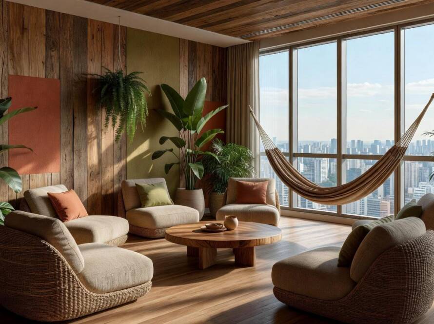 Sala de relaxamento inovadora em escritório brasileiro, com móveis ergonômicos e plantas tropicais.