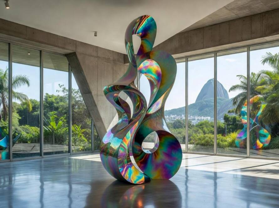 Escultura iridescente de Organic Minimalism em galeria no Rio de Janeiro, expandindo influência global de Gisela Colón.