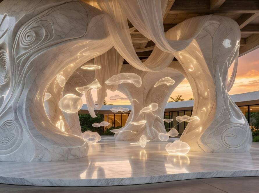 Instalação imersiva Il Sonno da SolidNature e AMO na Milan Design Week 2026, com estruturas de mármore natural em pavilhão brasileiro.