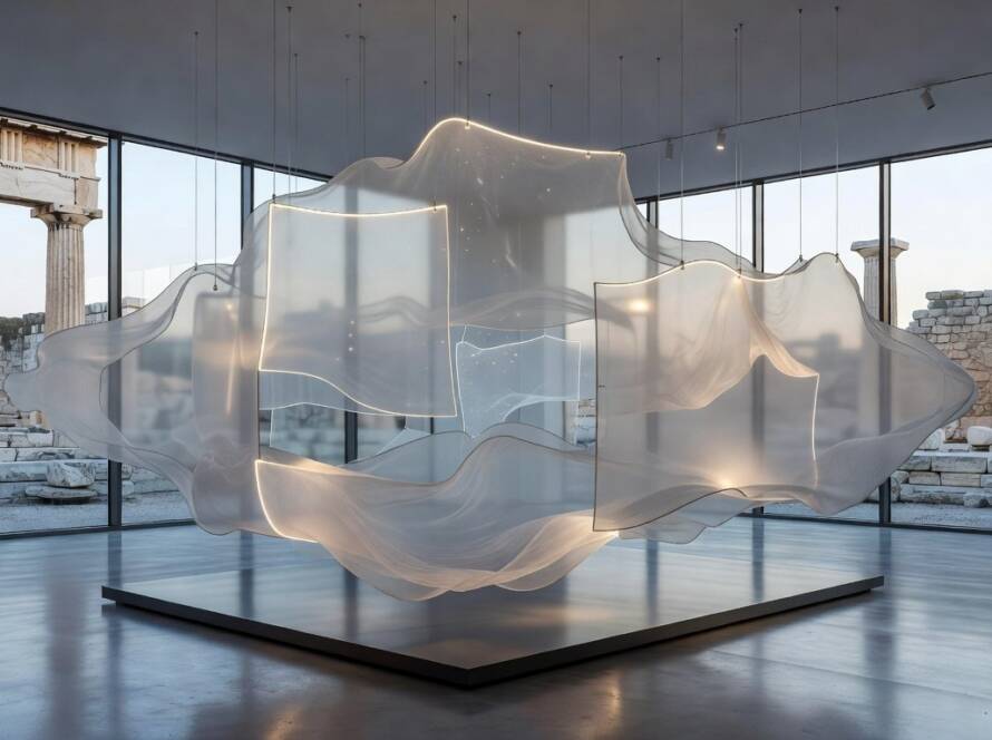 Instalação artística The Sanctuary of Dreams cativando visitantes em Atenas, com elementos oníricos e arquitetura grega clássica.