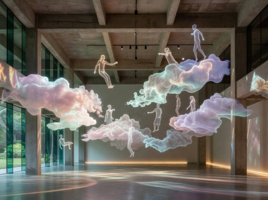 Instalação imersiva em museu brasileiro explorando sonhos compartilhados com projeções surreais.