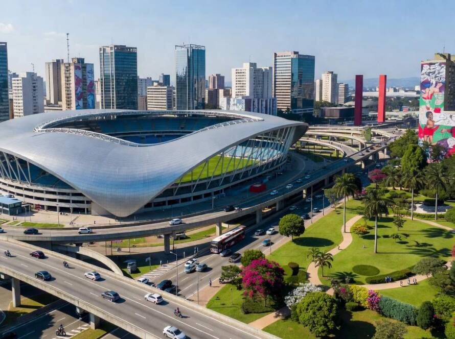 Estádio de futebol integrado à vida urbana em cidade brasileira, inspirado em projeto chinês.