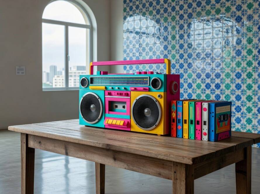 Esculturas de papel reimaginando boombox e fitas cassete vintage em galeria de arte em São Paulo.