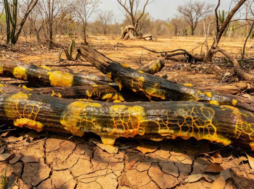 Fungos mucilaginosos raros em floresta seca no Brasil após seca, estilo fotojornalístico.
