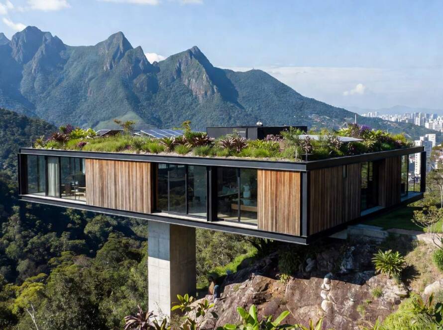 Casa moderna conectando área urbana e montanhosa na Serra da Mantiqueira, Brasil, em estilo arquitetônico inovador.