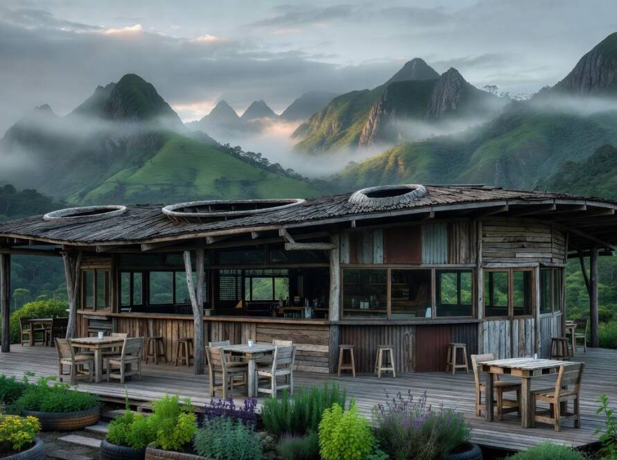 Bar sustentável inspirado na lua e montanhas na Serra da Mantiqueira, Brasil, com design ecológico e vista para picos rochosos.