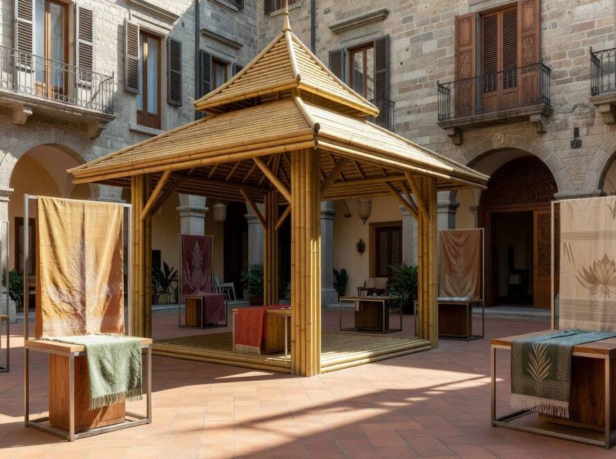 Exposição de design sustentável tailandês na Milan Design Week, com móveis ecológicos e artesanato.