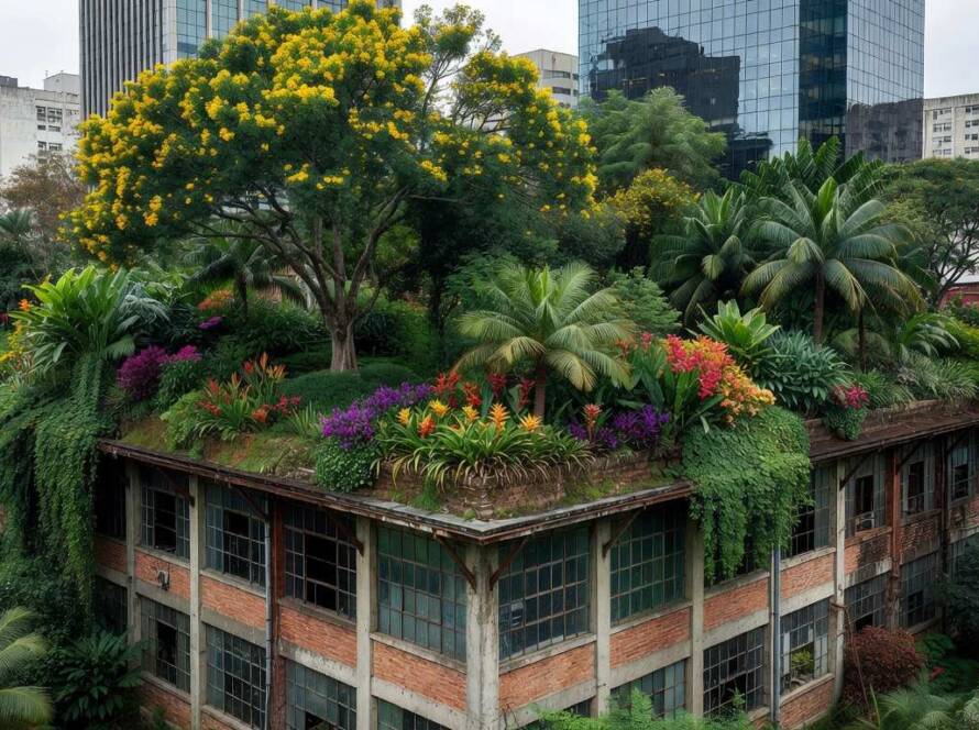Armazém urbano em São Paulo com telhado ajardinado inovador, criando oásis verde sustentável.