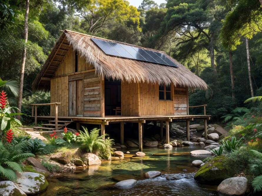Casa sustentável em estilo tropical na costa brasileira, unindo tradição e ecologia.