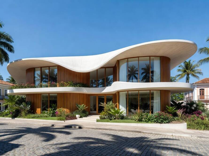 Casa moderna com geometria curva inovadora em ambiente urbano brasileiro.