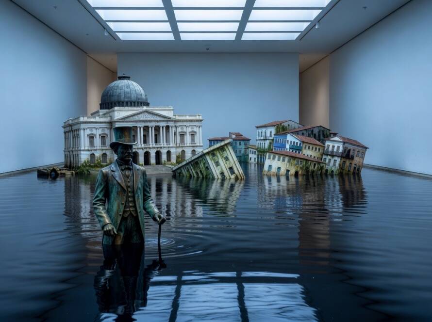 Instalação de arte sobre subida do mar em galeria brasileira, com esculturas inundadas e arquitetura local.