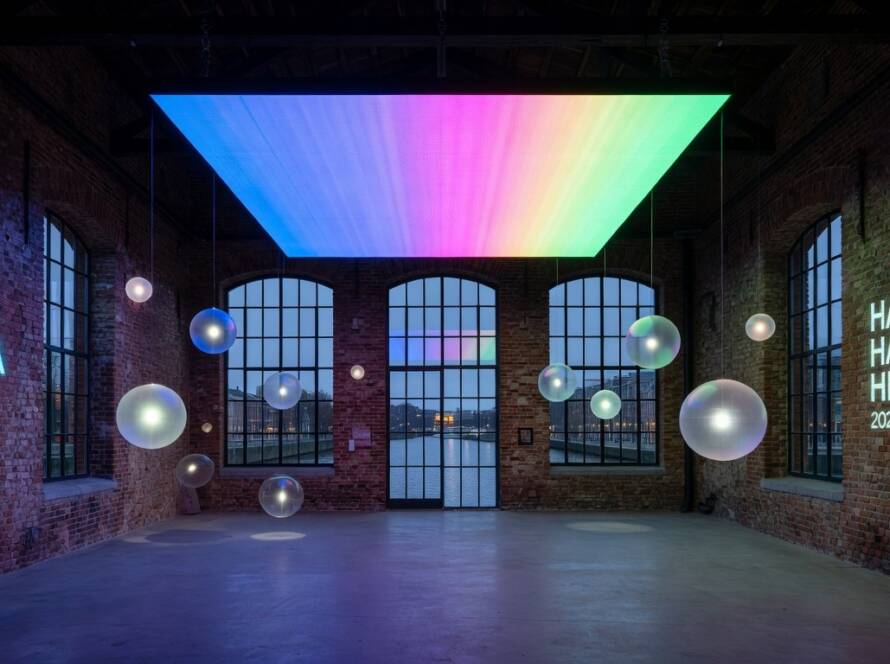 Exposição imersiva de arte digital do TeamLab em edifício histórico de Hamburgo, com luzes e projeções coloridas.