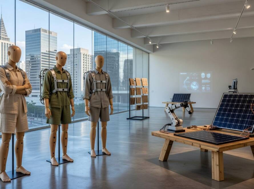 Exposição de design sustentável e IA em galeria moderna em São Paulo, com elementos ecológicos e tecnológicos.