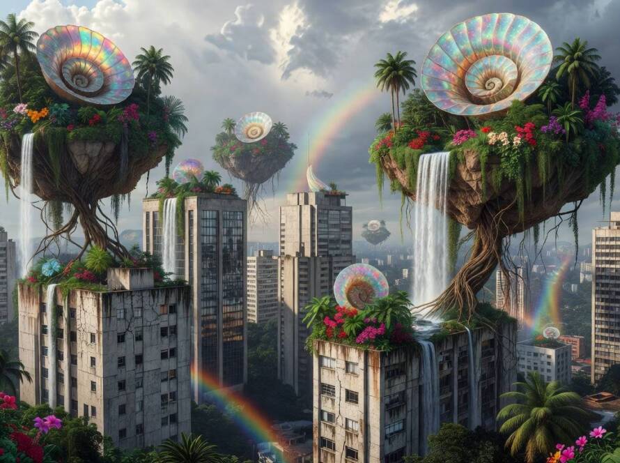 Estrutura arquitetônica inovadora com realismo mágico em paisagem urbana de São Paulo, Brasil.