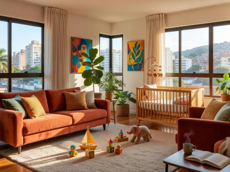 Interior de apartamento amplo transformado em lar acolhedor para casal com bebê, em bairro urbano brasileiro.