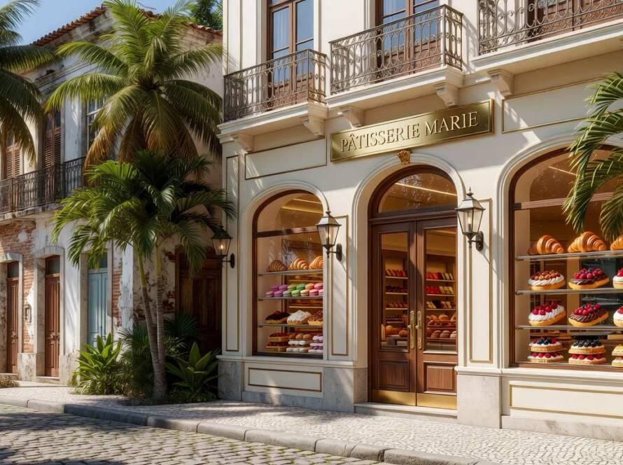 Fachada de pâtisserie francesa com elementos tropicais em rua brasileira, fundindo elegância e tropicalismo.