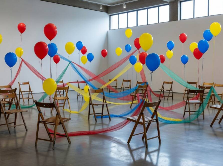 Instalação artística imersiva em galeria brasileira, representando happenings e influência na arte contemporânea.