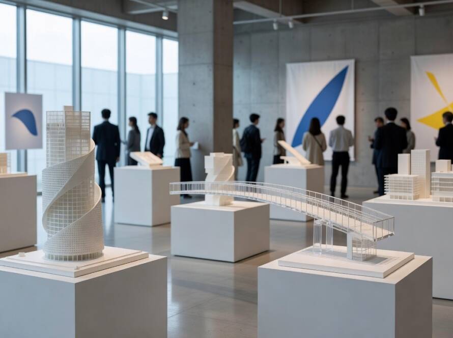 Galeria de arte em Tóquio com exposição de modelos arquitetônicos de Suzuko Yamada.