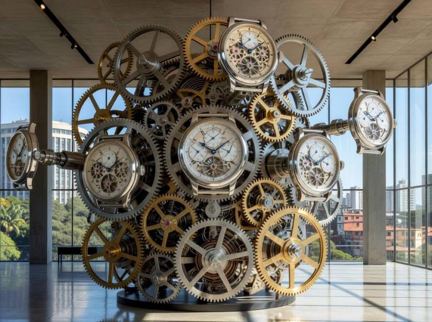 Relógios esqueletizados da Hermès em instalação cinética no Watches and Wonders 2026, ambientados em pavilhão brasileiro.