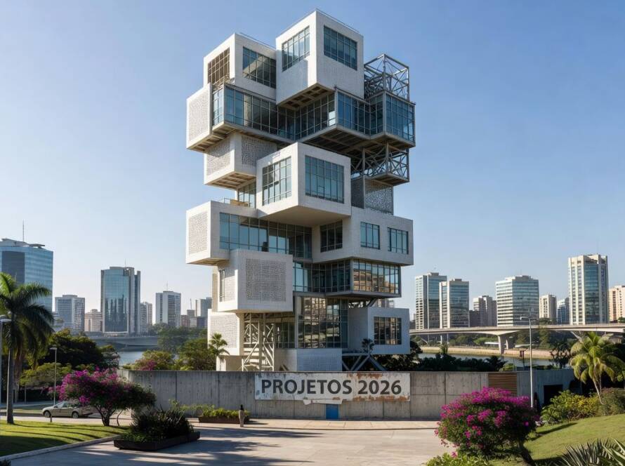 Edifício arquitetônico icônico mantendo legado de Ricardo Bofill com projetos em 2026, em paisagem urbana brasileira.