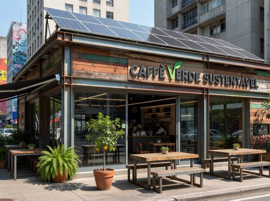 Café flagship sustentável e industrial em rua de São Paulo, com elementos ecológicos e design moderno.