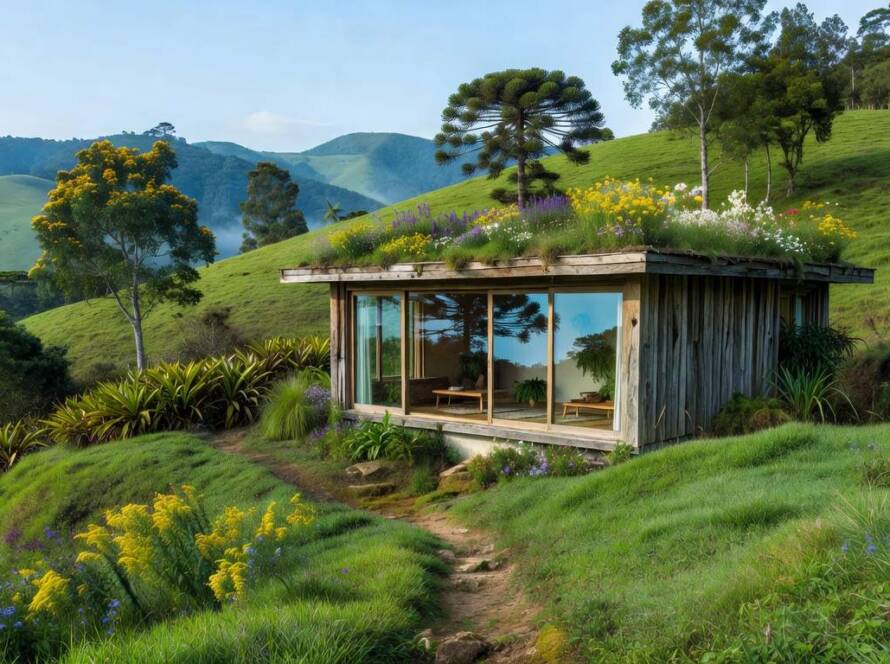 Cabine sustentável prefabricada em colinas verdejantes da Serra da Mantiqueira, Brasil, representando inovação ecológica.