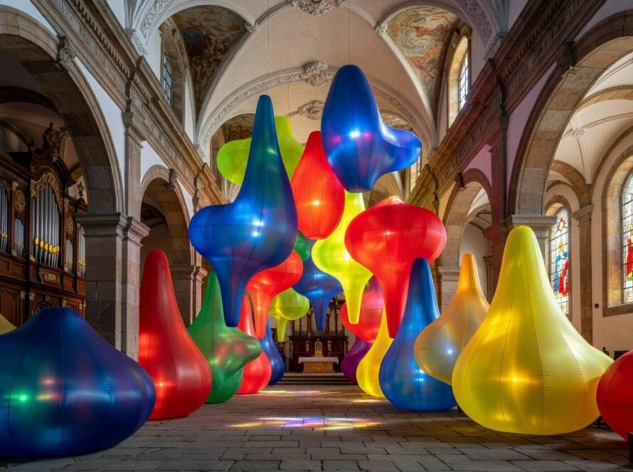 Instalação inflável imersiva revolucionando espaço arquitetônico colonial brasileiro, sem pessoas.