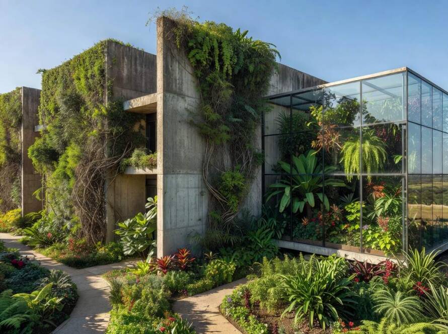 Estrutura de concreto brutalista em Brasília integrada com vegetação tropical, mostrando harmonia entre arquitetura e natureza.