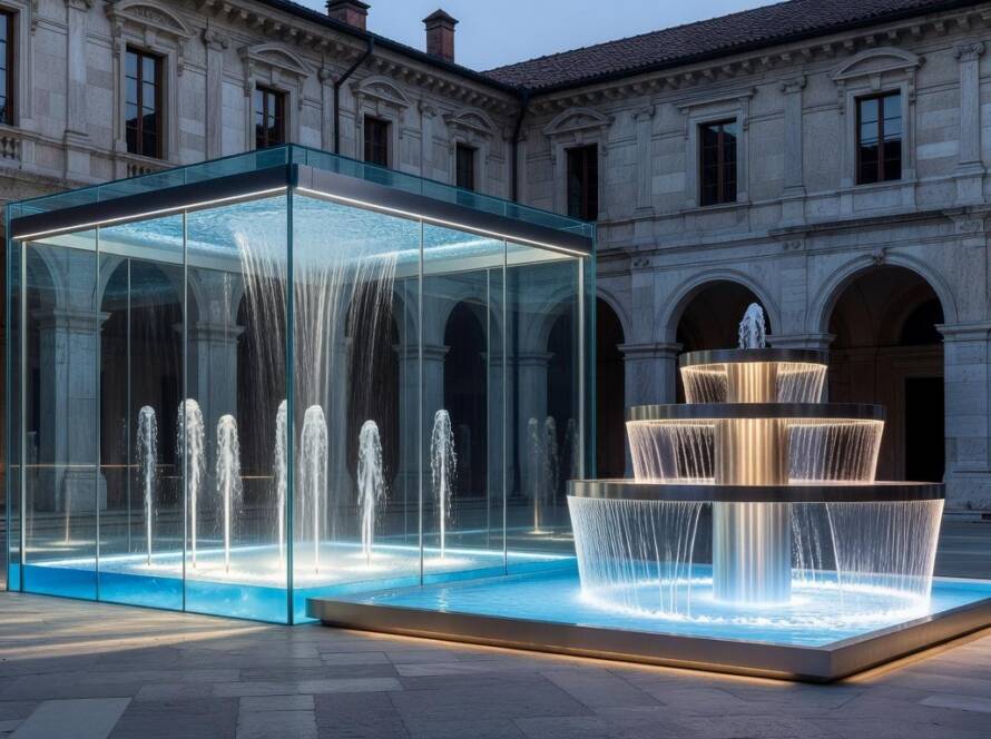 Instalação de design aquático The Aqua Sanctuary da Grohe SPA na Milan Design Week 2026, com fontes e estruturas modernas.
