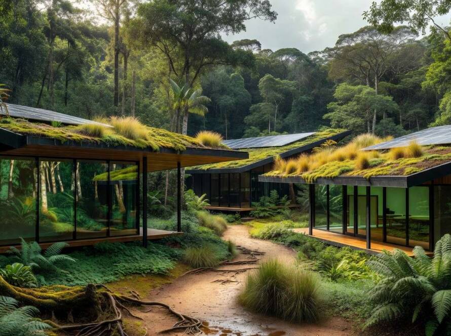Escola sustentável integrada à floresta no Brasil, design educacional inovador com foco em sustentabilidade.
