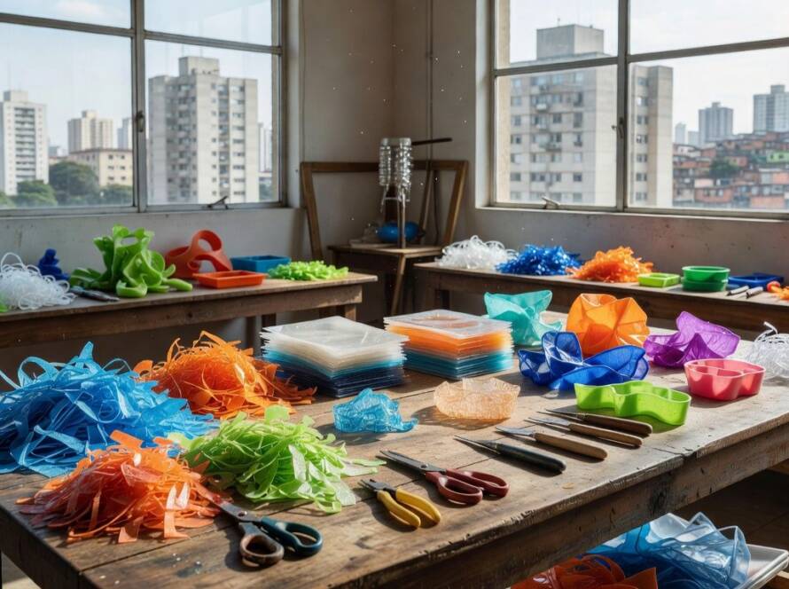 Acessórios esculturais feitos de plástico reciclado em colaboração inovadora no Brasil.
