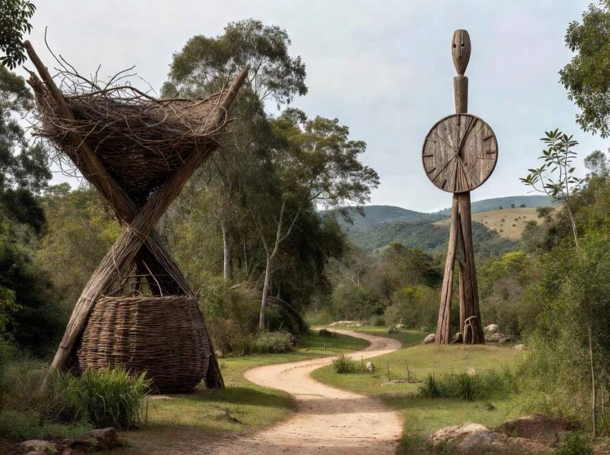 Instalação artística imersiva Foice do Tempo em parque de esculturas brasileiro, com estruturas abstratas em ambiente natural.