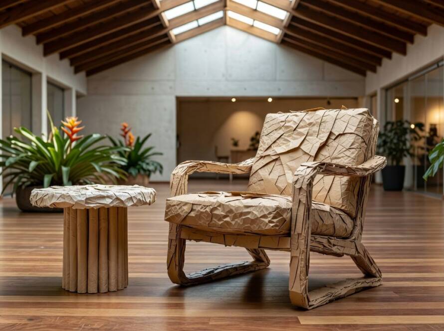 Móveis sustentáveis de resíduos de papel em exposição de design no Brasil.