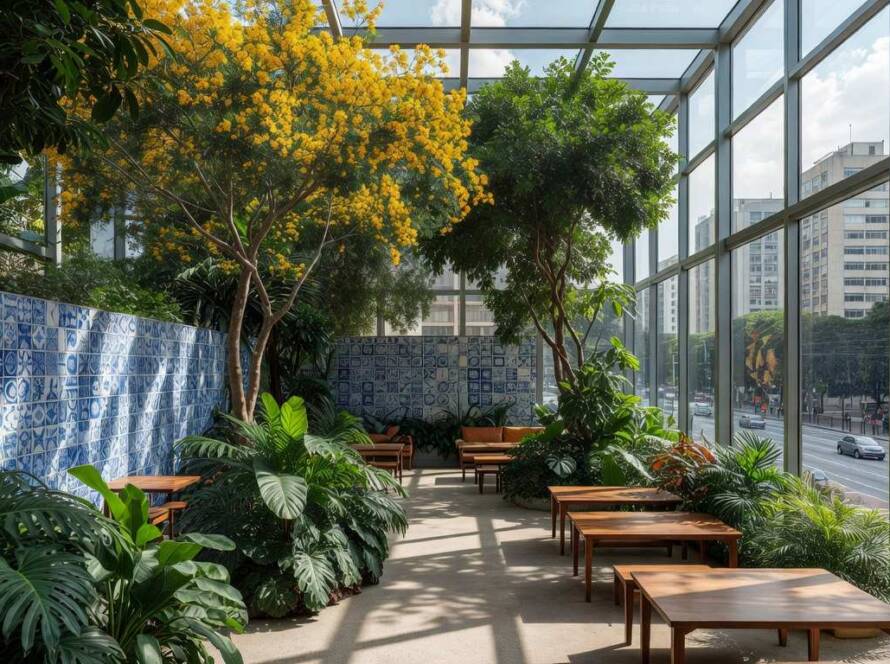 Estufa multifuncional em restaurante brasileiro, com design moderno e plantas tropicais em São Paulo.