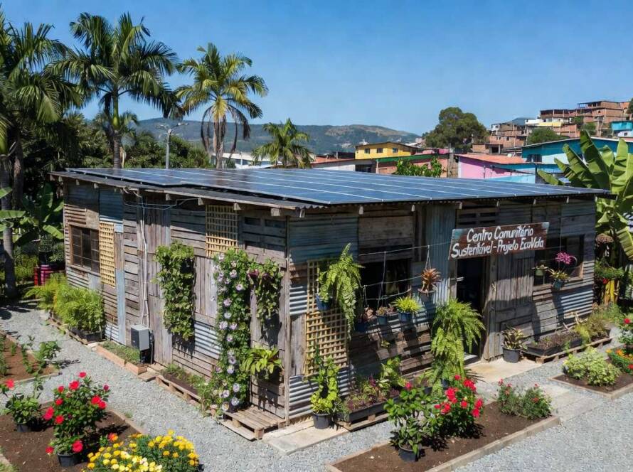 Centro comunitário sustentável com arquitetura ecológica em área urbana brasileira, painéis solares e jardins verticais.