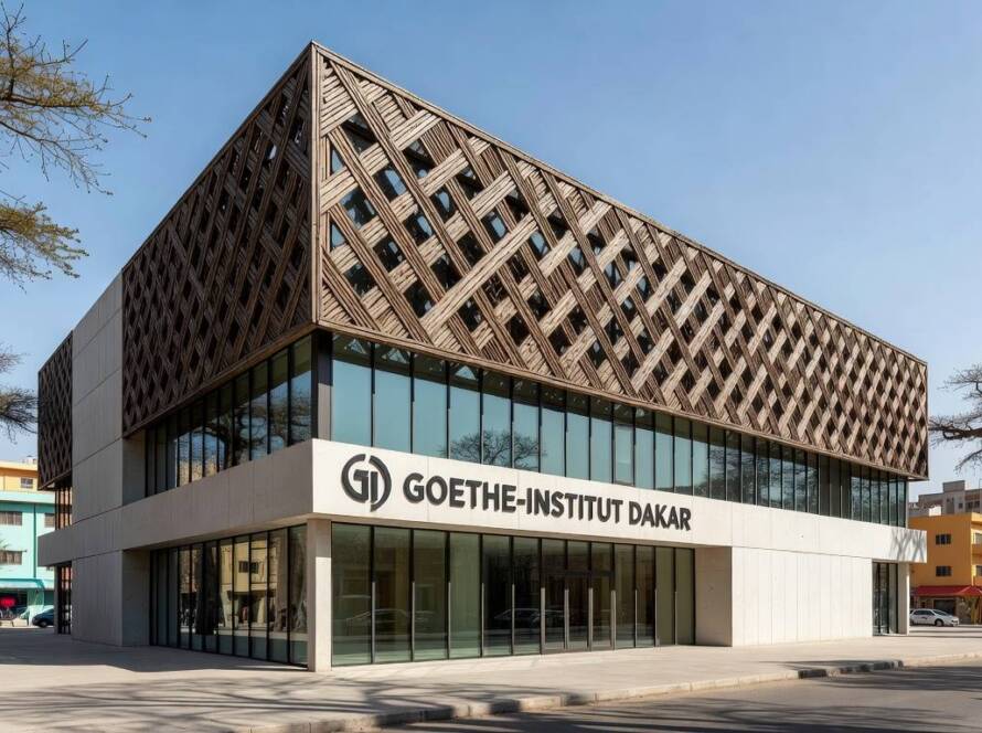 Edifício moderno do Goethe-Institut inaugurado em Dakar, Senegal, em estilo arquitetônico contemporâneo.