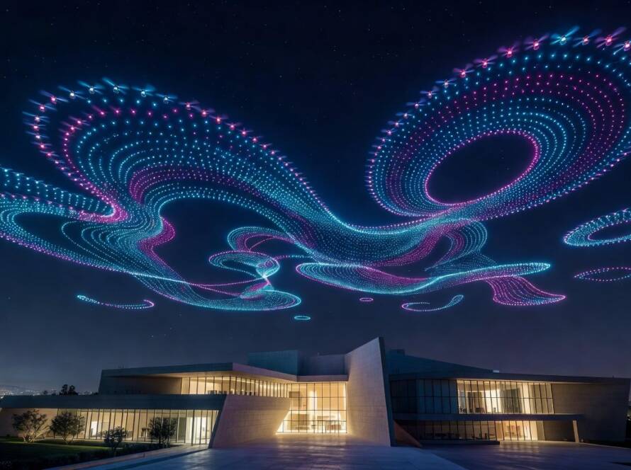 Show de mil drones iluminados no céu noturno sobre o LACMA em Los Angeles para abertura das David Geffen Galleries.