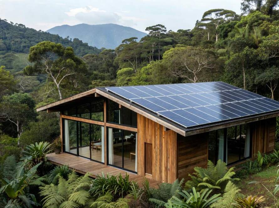 Residência sustentável integrada à paisagem natural brasileira, com arquitetura ecológica e elementos verdes.