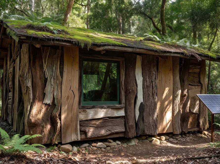 Cabana sustentável feita de casca de árvores danificadas em floresta brasileira, estilo ecológico.
