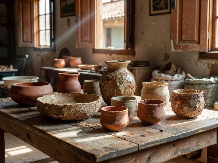Peças de cerâmica sustentável de resíduos reciclados em ateliê brasileiro, inovação ecológica.