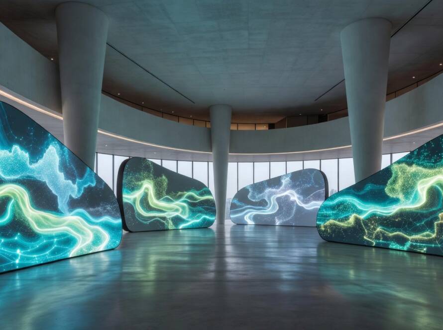 Instalação de arte de IA em museu brasileiro com visualizações digitais abstratas.