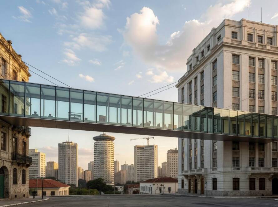 Proposta arquitetônica inovadora de passarela cultural em museu, ambientada em cidade brasileira como São Paulo.
