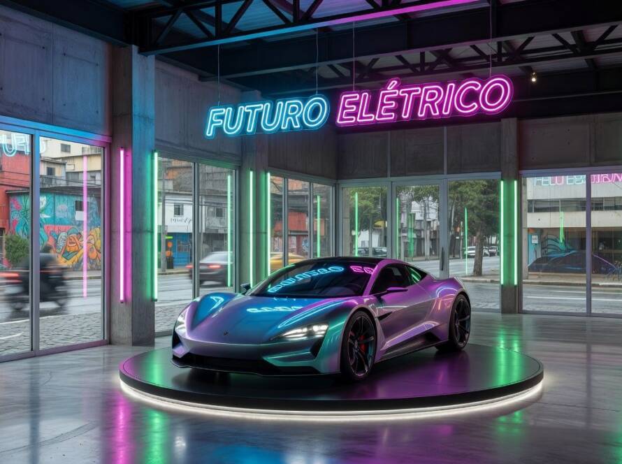 Instalação imersiva de carro elétrico conceitual da Škoda na Milan Design Week, representada em pavilhão brasileiro.