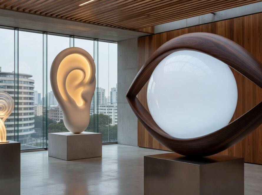 Exposição de luminárias inspiradas em órgãos sensoriais em pavilhão de design em São Paulo, Brasil.